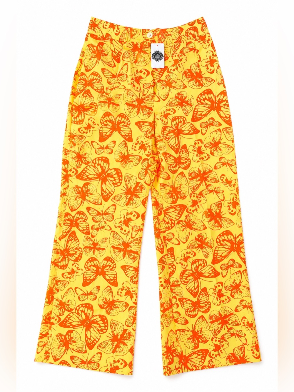 NWT Vintage 70s Butterfly Print Pants Yellow Orange Wide Leg High Waist 10/26”